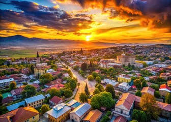 Majestic skyline of Gori city, Georgia at sunset with vibrant colors and historical architecture