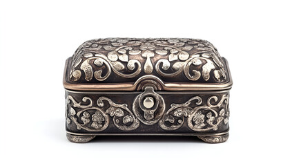  A silver box featuring intricate designs, showcasing detailed craftsmanship and elegant artistry.
