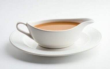 Savor the rich and flavorful gravy served elegantly in a white gravy boat on a pristine plate against a bright background