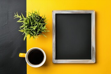 Minimalist flat lay with a blackboard frame, potted plant, and coffee cup on a yellow and black background