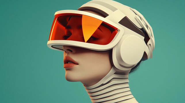 Woman wearing a white vr headset with orange lenses explores a futuristic digital world. Experience cutting edge technology; cyber tech for glasses; science innovation for entertainment