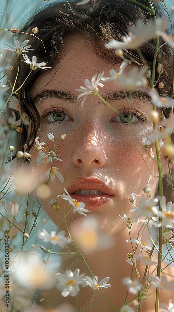 Poster Close-up Portrait of a Woman with Daisies