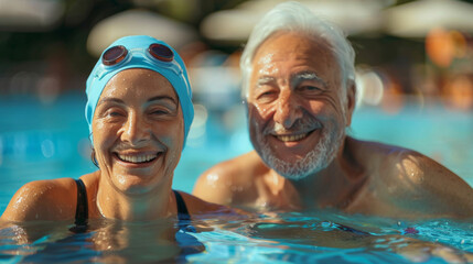 Fototapeta premium couple of happy cheerful pensioners caucasian in the pool in swimming caps looking at the camera, therapeutic swimming in old age, pensioners swimming in the pool
