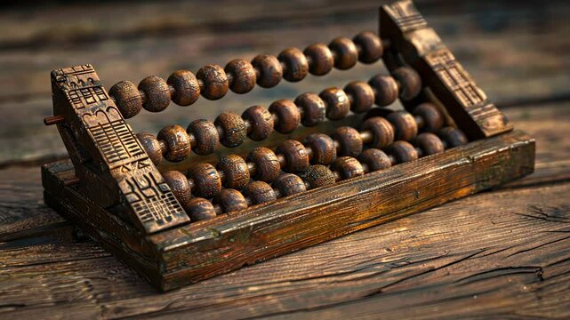 An antique wooden abacus sits on a weathered wooden table