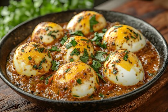 Spiced hard-boiled eggs served with savory sauce and herbs