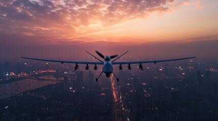 Naklejka premium a military unmanned vehicle flies over the city in the setting sun. top view panorama of the city and a flying military drone