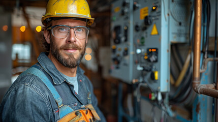 Caucasian worker electrical engineer in a helmet, protective glasses, in uniform, adjusting industrial electrical equipment, portrait of an electrician at a plant