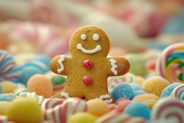 Gingerbread Man Among Colorful Candies
