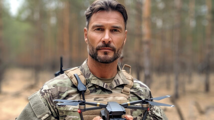 Fototapeta premium Portrait of Caucasian military drone operator holding drone in hands while in forest area