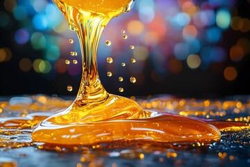 Golden honey drips on a dark surface with vibrant background