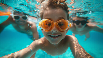 portrait of a happy Caucasian boy 7 years old swimming underwater with his family in the sea or pool on vacation looking at the camera