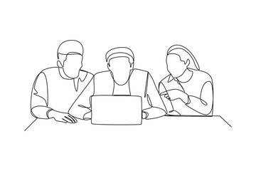 One single line drawing group of people discussing in front a laptop. Trendy teamwork concept continuous line draw design vector illustration