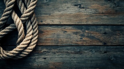 Obraz premium A ship rope on a wooden background, giving a nautical feel to design projects. 