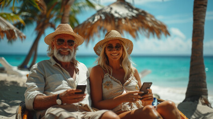 Fototapeta premium A couple of beautiful European husband and wife relaxing on the beach under palm trees holding phones in their hands. Vacation by the sea with gadgets in their hands