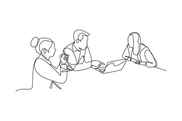 One single line drawing group of men and women discussion at a meeting. Trendy teamwork concept continuous line draw design vector illustration