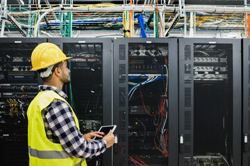 Young technician man working inside big data center room - Technology, cyber security and AI concept - Focus on person nose