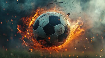 Naklejka premium The football spins rapidly as it is propelled into the air, surrounded by flames and smoke, capturing the energy and excitement of a high-stakes game at twilight