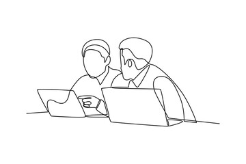 One single line drawing group of people discussing about project in front of laptop. Trendy teamwork concept continuous line draw design vector illustration