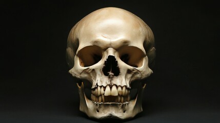 Fototapeta premium A skull against a dark background, evoking themes of death, anatomy, or Halloween.