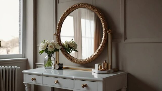 A close-up of a dresser with a round mirror and flowers. The dresser is white with gold knobs and is in a room with grey walls. 