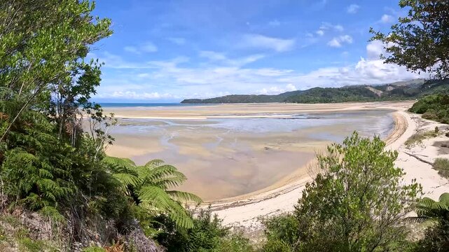 Marahau Vast Sandy Shoreline at Low Tide in Abel Tasman National Park, New Zealand&rsquo;s Tranquil Coastal Seascape