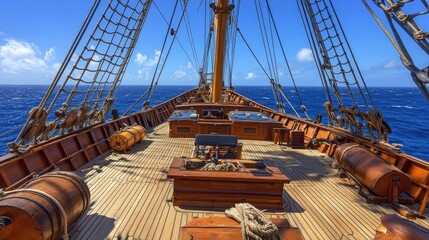 An empty pirate ship deck with wooden planks and tall masts, overlooking a vast ocean horizon, perfect as a theater stage backdrop for pirate-themed performances.