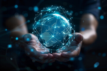 A person holding a glowing globe surrounded by a network of interconnected lines and nodes, symbolizing global connectivity and technology. 