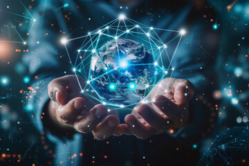 A person holding a glowing globe surrounded by digital connections and data points, symbolizing technology and global connectivity.  futuristic theme.