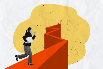Dynamic Contemporary Art Collage Featuring Abstract Pathway and Determined Businesswoman in Vibrant Colors. concept of growth, leadership, motivation, concentration,