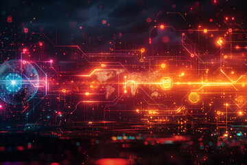 Obraz premium A futuristic digital landscape featuring glowing circuits, abstract shapes, and vibrant colors. advanced technology and data flow, with elements like glowing nodes and interconnected lines.