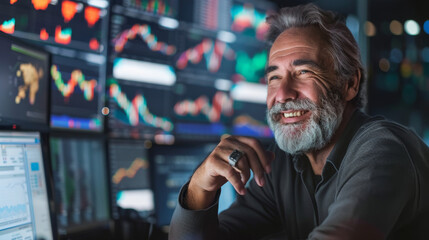 Fototapeta premium Experienced financial analyst working at his desk with stock market charts displayed on multiple screens during a busy trading day