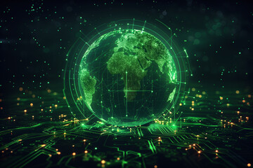 A glowing green digital globe representing Earth, surrounded by a network of circuits and lights. The globe is composed of dots and lines, symbolizing data and technology. 