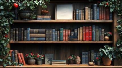 A wooden bookshelf with various books, potted plants, and an empty picture frame.