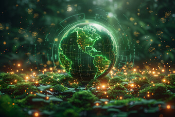 Obraz premium A glowing green globe representing Earth, surrounded by lush greenery and glowing particles. The globe features digital data overlays, harmony between nature and technology.
