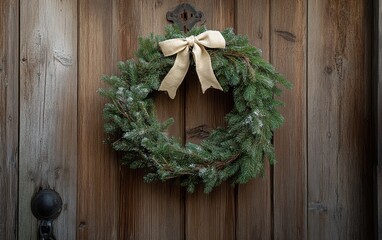 Eco-friendly fir wreath with linen bows hanging on a rustic wooden door in soft morning light