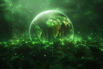 Fototapeta premium A digital representation of Earth surrounded by a glowing green atmosphere. The planet is depicted with illuminated continents and a starry background, creating a futuristic and ethereal effect.