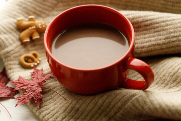 Hot chocolate drink in a red cup. Autumn Winter composition