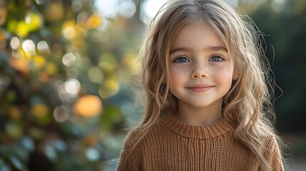 A young girl with long blonde hair and blue eyes smiles at the camera, standing in front of a blurred background of autumn leaves.