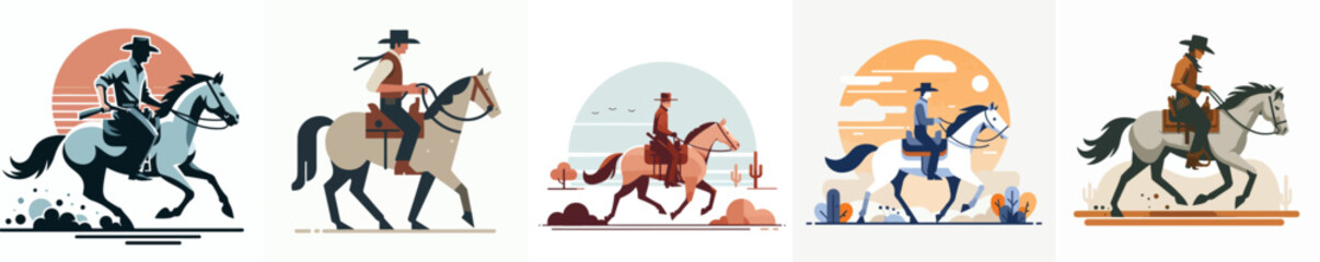 vector set of teenagers riding horses with a simple and minimalist flat design style. plain white background