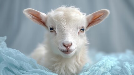 an adorable white goat with a playful expression posed against a seamless white backdrop ready to engage with the viewer in a humorous and charming manner