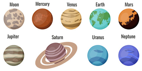 Set of vector Planets isolated transparent background. Moon, Mercury, Venus, Earth, Mars, Jupiter, Saturn, Uranus and Neptune collection. EPS 10 © Olga Igumenova