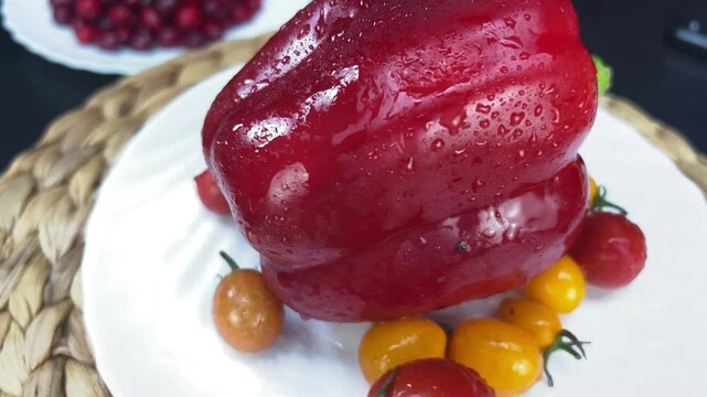 Red bell pepper rotating on a bed of cherry tomatoes