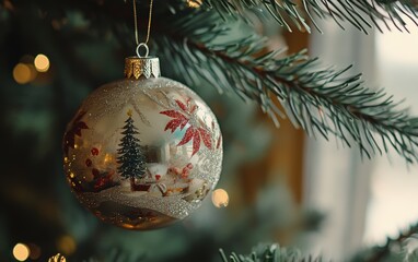 A close-up view of a vintage ornament adorned with festive details, hanging on a Christmas tree, evoking holiday traditions and warmth