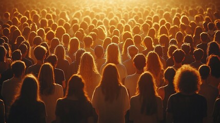 Obraz premium A large crowd of people are silhouetted against a bright light.