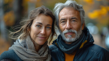 portrait of caucasian couple mature man with beard and his beautiful middle aged wife walking in autumn park