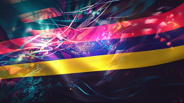 A vibrant, abstract design featuring a yellow, blue, red, and black color scheme with a glittery effect