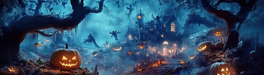A spooky Halloween scene featuring glowing pumpkins, eerie trees, and a haunted house under a moonlit sky.