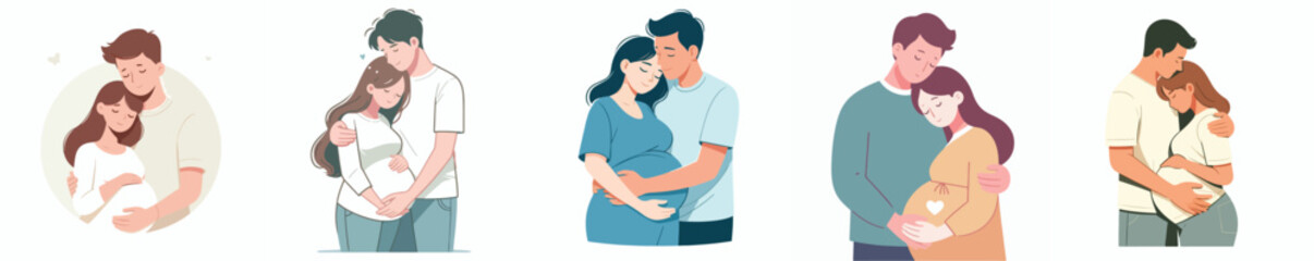 vector set of a husband and wife hugging their pregnant wife in a flat design style