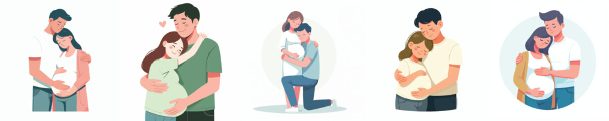 vector set of a husband and wife hugging their pregnant wife in a flat design style