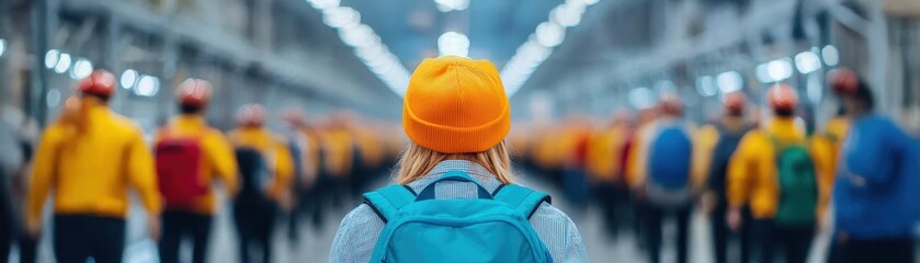 group of young people with backpacks in a car production factory